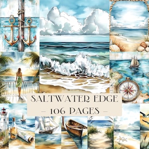 Saltwater Edge skräpjournalkit, utskrivbara vintage-havsephemera, kustnära scrapbooksidor, nautiskt collagepapperspaket, havsjournal