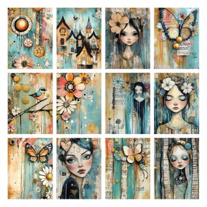 May include: A collection of twelve art prints with a whimsical, vintage aesthetic. Each print features a unique design, including portraits of girls, butterflies, flowers, and architectural elements, all set against a backdrop of teal, beige, and gold tones.