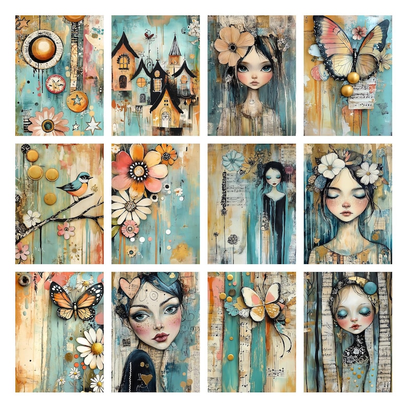 May include: A collection of twelve art prints with a whimsical, vintage aesthetic. Each print features a unique design, including portraits of girls, butterflies, flowers, and architectural elements, all set against a backdrop of teal, beige, and gold tones.