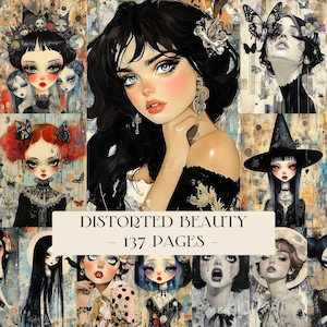Puede incluir: Un collage de ilustraciones con retratos góticos de mujeres con rasgos exagerados, mariposas y una estética oscura. El texto "DISTORTED BEAUTY - 137 PAGES -" se muestra en la parte inferior.