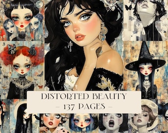 Dameportretten ongewenste dagboekpagina's, gedraaide feeën kunstprints, humeurige ontwerpen, donkere romantische dagboeken vintage junk journal kit fantasie dagboek