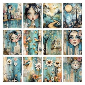 May include: A collection of twelve art prints featuring whimsical illustrations. Each print showcases a unique design with a teal and gold color palette. The artwork includes portraits of women, landscapes, birds, flowers, and a clock, all with a vintage, dreamlike aesthetic.