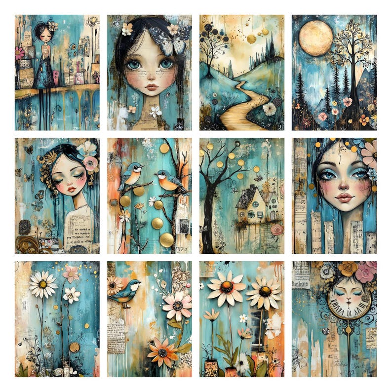 May include: A collection of twelve art prints featuring whimsical illustrations. Each print showcases a unique design with a teal and gold color palette. The artwork includes portraits of women, landscapes, birds, flowers, and a clock, all with a vintage, dreamlike aesthetic.