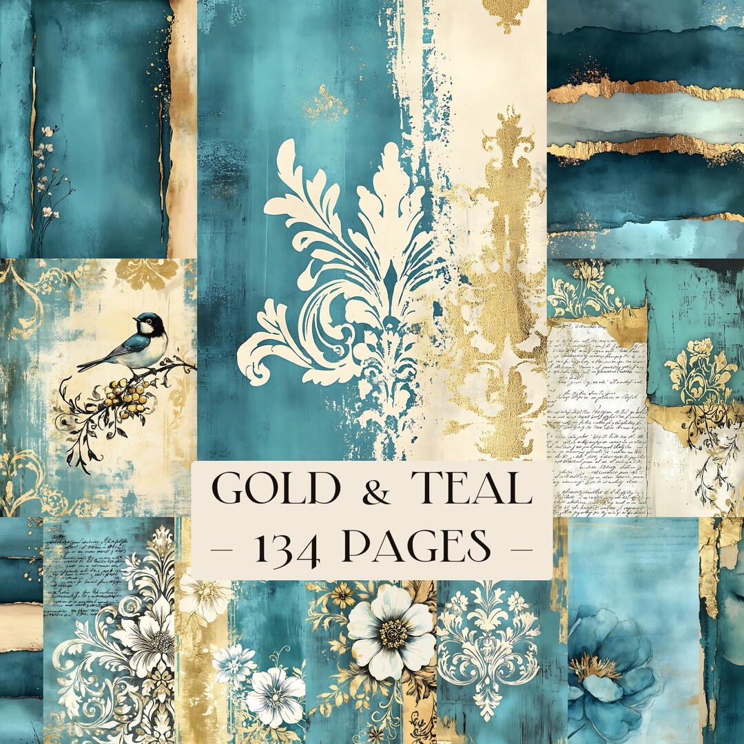 Gold and Teal Mixed Media Junk Journal Kit, Teal Junk Journal Pages ...