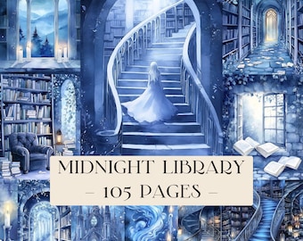 Peut inclure: Une collection numérique intitulée MIDNIGHT LIBRARY - 105 PAGES présentant diverses illustrations dans les tons bleus d'intérieurs de bibliothèques gothiques, d'escaliers en colimaçon, d'étagères, de livres ouverts et d'une silhouette en robe blanche.