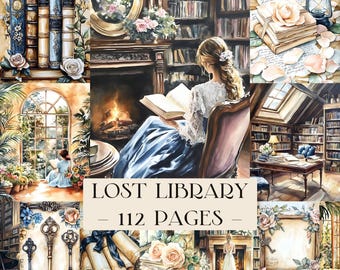 Puede incluir: Collage de acuarela con temática de biblioteca. La imagen incluye pilas de libros, llaves, pergaminos y una mujer leyendo. El texto dice "LOST LIBRARY - 112 PAGES". La paleta de colores es suave con tonos apagados de azul, beige y marrón.