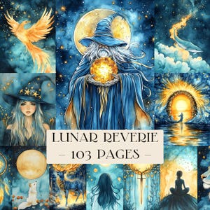 Puede incluir: Una colección de ilustraciones en acuarela con temática celestial. La obra de arte presenta un mago, un fénix, una mujer con sombrero de bruja y otras imágenes místicas. El texto "LUNAR REVERIE - 103 PAGES -" se muestra en el centro.