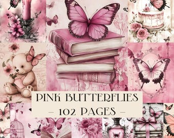 Vintage roze vlinders en rozen ongewenste dagboekpapier, cottage shabby chic, antieke opvulpagina's plakboek, digitaal bloemenpapier, kortstondig