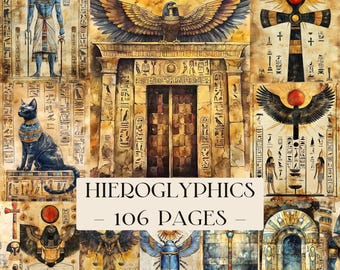 Könnte beinhalten: Eine Collage von Aquarellillustrationen mit ägyptischen Hieroglyphen und Gottheiten. Die Kunstwerke zeigen Bilder einer schwarzen Katze, eines Adlers und verschiedener Symbole. Der Text "HIEROGLYPHEN - 106 SEITEN" ist in der Mitte zu sehen.