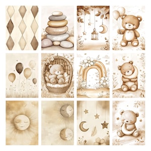 Boho Baby Bear Digital Paper Pack, Neutral Scrapbook Papers, Beige Pattern, Newborn Background, Nursery Background, Nursery Pattern image 3