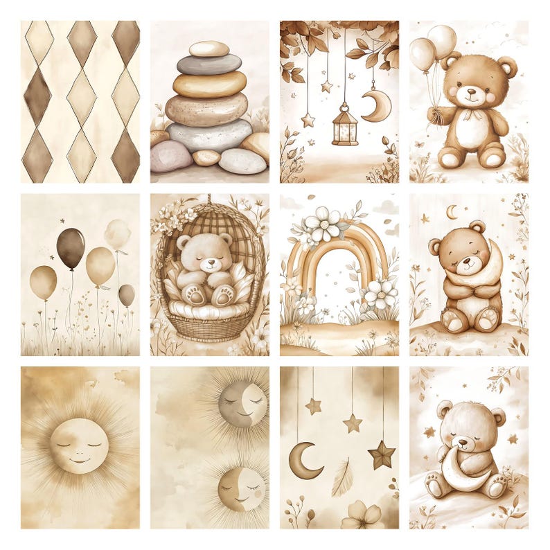 Boho Baby Bear Digital Paper Pack, Neutral Scrapbook Papers, Beige Pattern, Newborn Background, Nursery Background, Nursery Pattern image 3