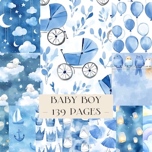 Baby Boy Digital Digital Paper Pack, Blue Baby Shower, Baby Junk Journal Pages, Pattern Paper, Watercolor Baby Backgrounds, Scrapbook Papers