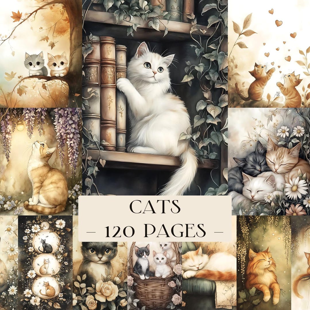 Cat Junk Journal Kit, Cat Journal Pages, Floral Cat Ephemera, Cat ...