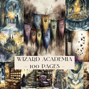 May include: Watercolor illustration with a wizarding theme. The image features banners, a castle, and other magical elements. Text at the bottom reads "WIZARD ACADEMIA - 100 PAGES". The color palette includes shades of brown, blue, and purple.