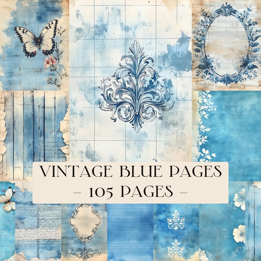 Vintage Blue Printable Paper, Blue Junk Journal Pages, Shabby Chic ...