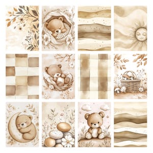 Boho Baby Bear Digital Paper Pack, Neutral Scrapbook Papers, Beige Pattern, Newborn Background, Nursery Background, Nursery Pattern image 2