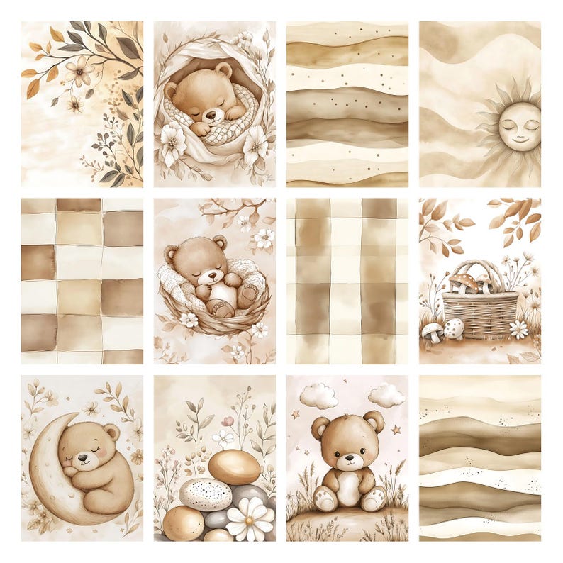 Boho Baby Bear Digital Paper Pack, Neutral Scrapbook Papers, Beige Pattern, Newborn Background, Nursery Background, Nursery Pattern image 2