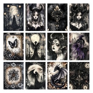 Puede incluir: Una colecci&oacute;n de grabados g&oacute;ticos con temas de fantas&iacute;a oscura. Las im&aacute;genes muestran ilustraciones de figuras con cuernos, &aacute;ngeles, dragones y mariposas, todo en escala de grises con acentos de p&uacute;rpura y oro. La obra de arte evoca una atm&oacute;sfera m&iacute;stica y et&eacute;rea.