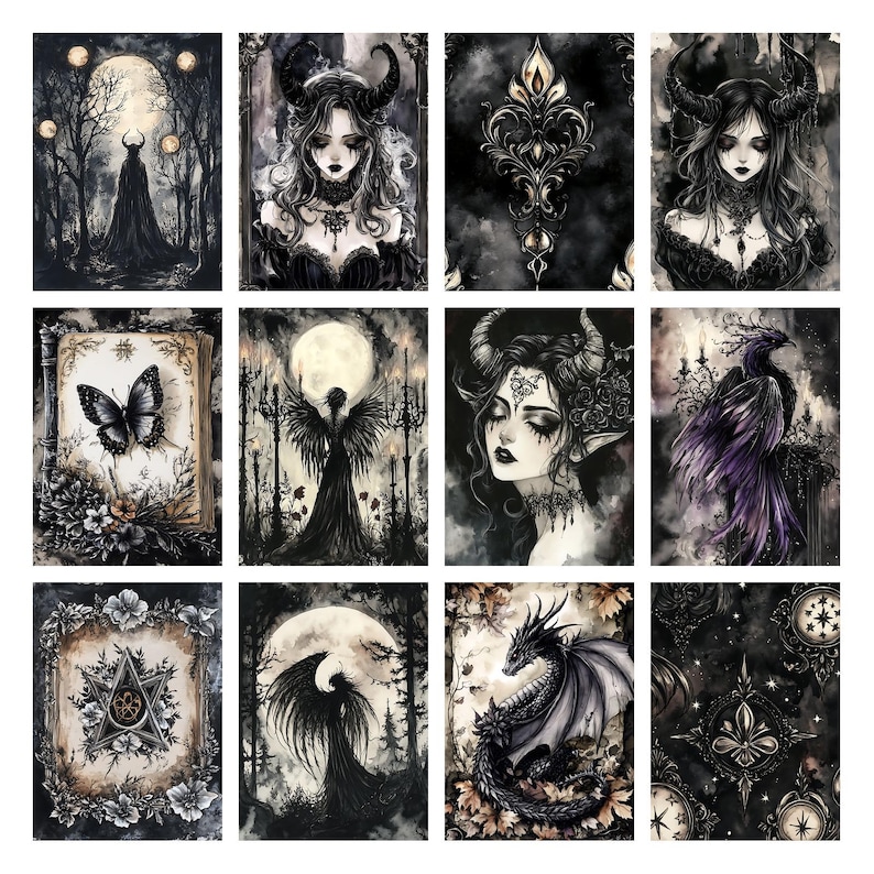 Puede incluir: Una colecci&oacute;n de grabados g&oacute;ticos con temas de fantas&iacute;a oscura. Las im&aacute;genes muestran ilustraciones de figuras con cuernos, &aacute;ngeles, dragones y mariposas, todo en escala de grises con acentos de p&uacute;rpura y oro. La obra de arte evoca una atm&oacute;sfera m&iacute;stica y et&eacute;rea.