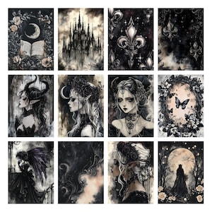 Puede incluir: Una colecci&oacute;n de grabados de arte g&oacute;tico con im&aacute;genes oscuras. Los grabados muestran ilustraciones de un castillo, una luna creciente, una mujer con cuernos y dise&ntilde;os florales en negro, blanco y gris.