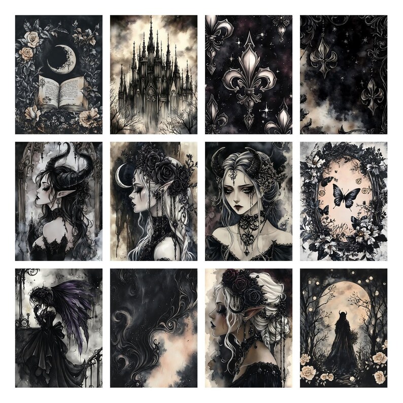 Puede incluir: Una colecci&oacute;n de grabados de arte g&oacute;tico con im&aacute;genes oscuras. Los grabados muestran ilustraciones de un castillo, una luna creciente, una mujer con cuernos y dise&ntilde;os florales en negro, blanco y gris.