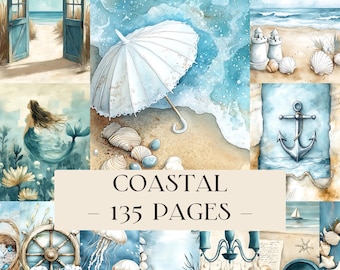 May include: A collage of watercolor illustrations with a coastal theme. Images include a beach scene with an open door, a mermaid, an umbrella on the sand, seashells, and the text "COASTAL - 135 PAGES". The color palette is primarily blue and beige.