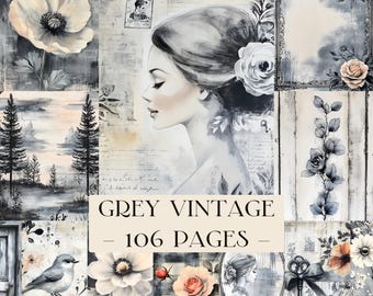 Pastelkleurig sierlijke grijze ongewenste tijdschriftpapier, vintage shabby chic, cottage, antieke noodlijdende opvulpagina's voor plakboek, digitaal afdrukbaar