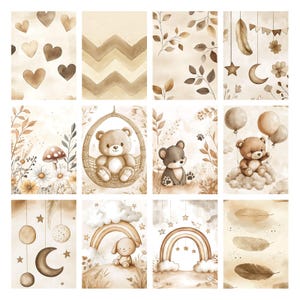 Boho Baby Bear Digital Paper Pack, Neutral Scrapbook Papers, Beige Pattern, Newborn Background, Nursery Background, Nursery Pattern image 5
