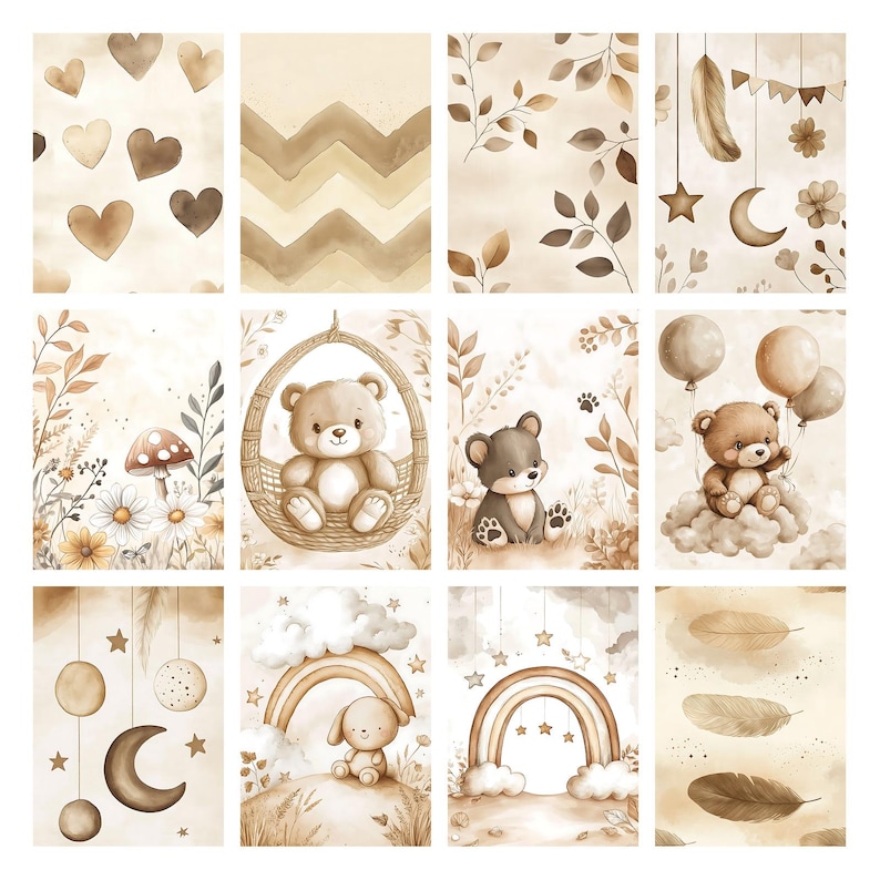 Boho Baby Bear Digital Paper Pack, Neutral Scrapbook Papers, Beige Pattern, Newborn Background, Nursery Background, Nursery Pattern image 5