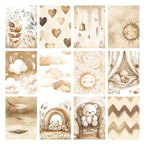 May include: A collection of twelve watercolor art prints in sepia tones. The prints feature various designs, including botanical elements, hearts, celestial motifs, clouds, a sleeping bear, a rainbow with a teddy bear, a teddy bear in a wicker chair, and a chevron pattern.