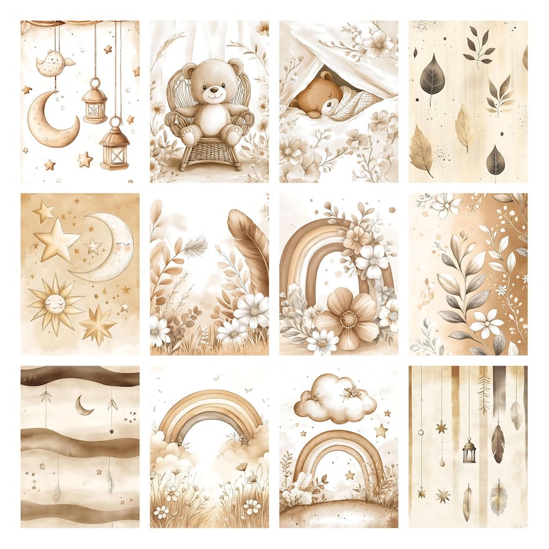 Boho Baby Bear Digital Paper Pack, Neutral Scrapbook Papers, Beige Pattern, Newborn Background, Nursery Background, Nursery Pattern image 6