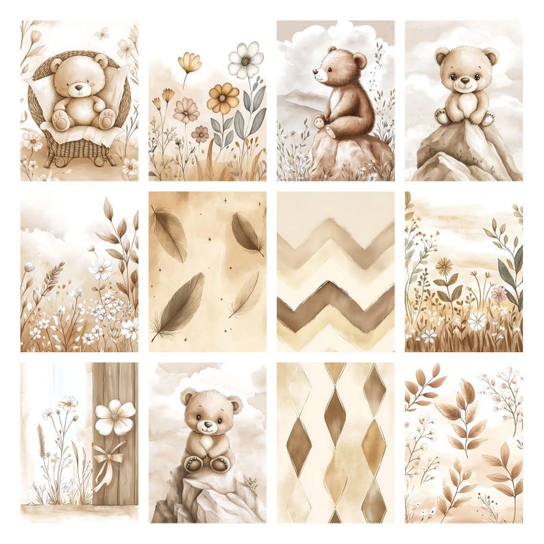 Boho Baby Bear Digital Paper Pack, Neutral Scrapbook Papers, Beige Pattern, Newborn Background, Nursery Background, Nursery Pattern image 11