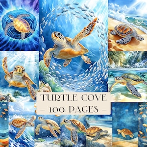 Puede incluir: Un collage de pinturas de acuarela que representan tortugas marinas en varias escenas oceánicas. Las tortugas están representadas en tonos marrones, amarillos y verdes, nadando entre peces y corales. Se muestra el texto "TURTLE COVE - 100 PAGES".