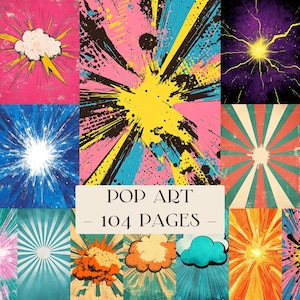Peut inclure: Une collection d'illustrations pop art aux couleurs vives et aux designs dynamiques. Les images comprennent des explosions, des éclats et des graphiques de nuages de style bande dessinée. Le texte "POP ART - 104 PAGES" est affiché.