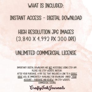 Puede incluir: Un gr&aacute;fico de descarga digital con texto sobre un fondo de acuarela. El texto incluye "Qu&eacute; est&aacute; incluido", "Acceso instant&aacute;neo - Descarga digital", "Im&aacute;genes JPG de alta resoluci&oacute;n" y "Licencia comercial ilimitada". El nombre de la tienda Etsy "Crafty Ink Journals" est&aacute; en la parte inferior.
