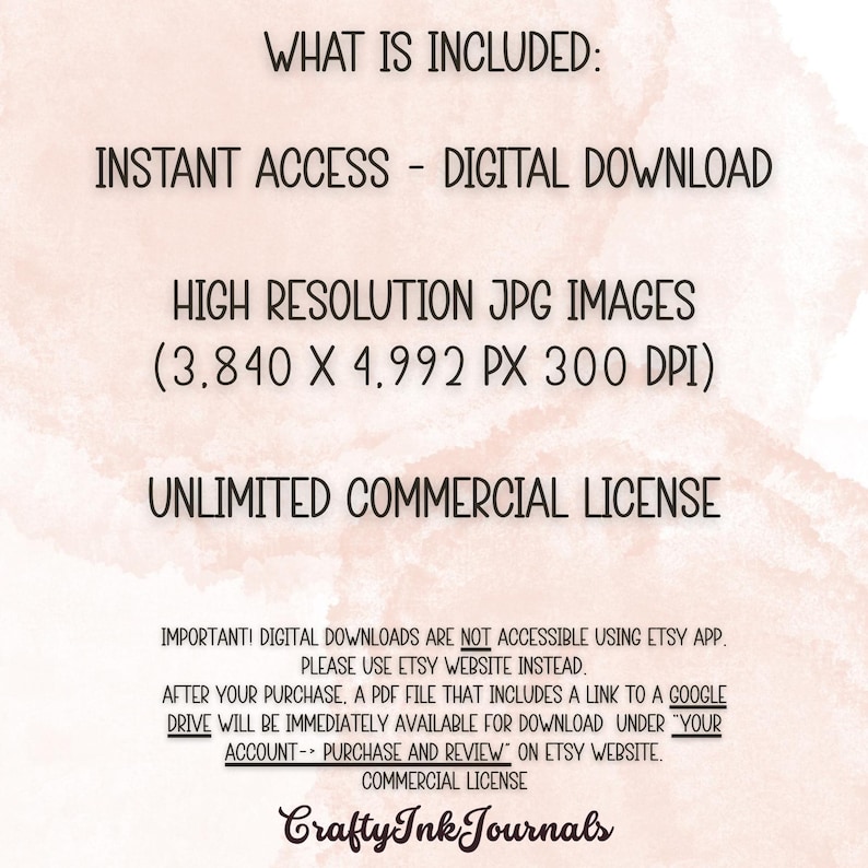 Puede incluir: Un gr&aacute;fico de descarga digital con texto sobre un fondo de acuarela. El texto incluye "Qu&eacute; est&aacute; incluido", "Acceso instant&aacute;neo - Descarga digital", "Im&aacute;genes JPG de alta resoluci&oacute;n" y "Licencia comercial ilimitada". El nombre de la tienda Etsy "Crafty Ink Journals" est&aacute; en la parte inferior.