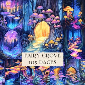 Op de afbeelding: Een digitale kunstprint met een fantasiebosscène met gloeiende paddenstoelen, een boomportaal en een halve maan. De tekst "FAIRY GROVE - 105 PAGES" wordt weergegeven op een crèmekleurige rechthoek. Het kleurenpalet bevat tinten paars, blauw en geel.