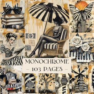 May include: Monochrome collage featuring a woman in a striped outfit under a striped umbrella, and other black and white images. The text "MONOCHROME - 103 PAGES" is displayed in the center of the image. Other images include a butterfly, books, and a piano.