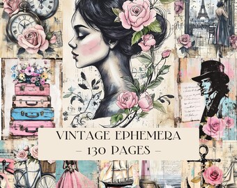 Vintage Ephemera Junk Journal Kit, Floral Junk Journal-pagina's, pastel, vogel, roos Digitale papers, afdrukbare ephemera, digitale download