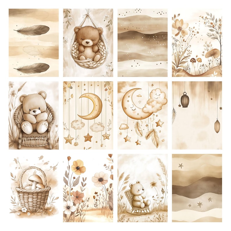 Boho Baby Bear Digital Paper Pack, Neutral Scrapbook Papers, Beige Pattern, Newborn Background, Nursery Background, Nursery Pattern image 7