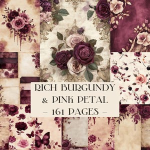 Burgundy Red & Pink Printable Paper Pack, Grungy Floral Collage, Distressed Watercolor Scrapbook Paper, Mixed Media Craft Digital Download