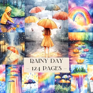 May include: Watercolor illustrations of rainy day scenes with umbrellas, rainbows, and paper boats. The text "RAINY DAY - 124 PAGES" is displayed. The artwork features a girl in a yellow raincoat, and a variety of colorful umbrellas.