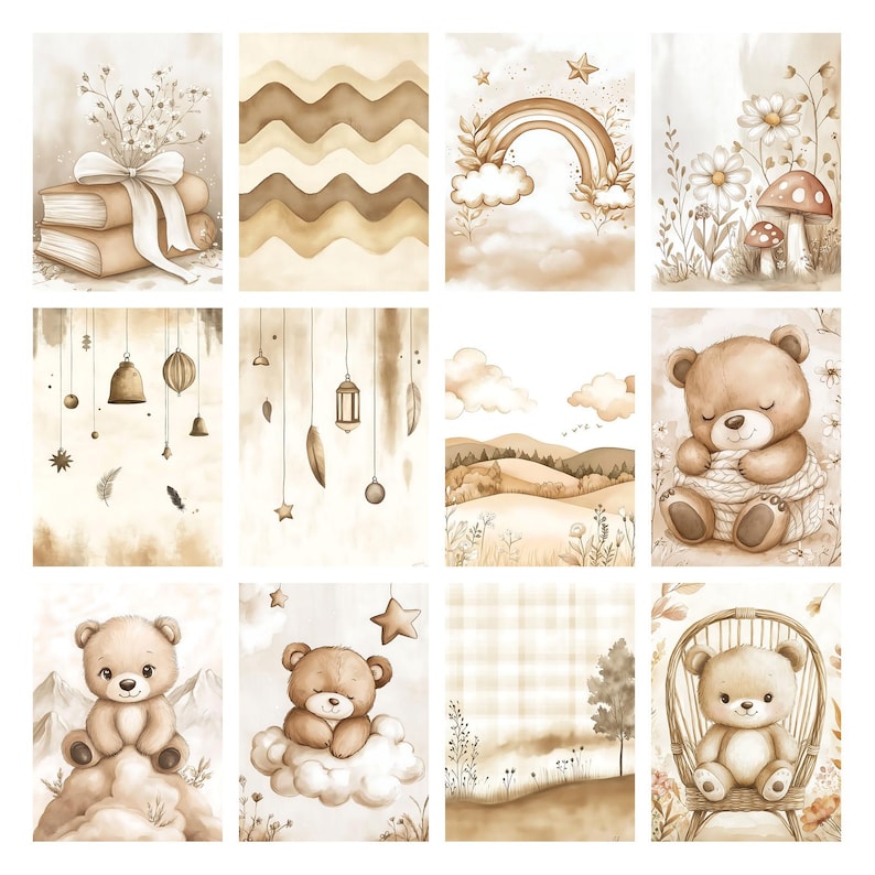 Boho Baby Bear Digital Paper Pack, Neutral Scrapbook Papers, Beige Pattern, Newborn Background, Nursery Background, Nursery Pattern image 8