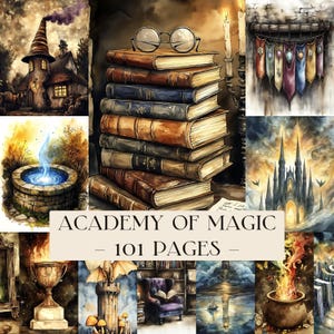Puede incluir: Un collage de ilustraciones en acuarela con temática de fantasía. Las imágenes incluyen una torre de mago, una pila de libros con gafas, un pozo, un castillo y un caldero. El texto dice "Academy of Magic - 101 Pages".