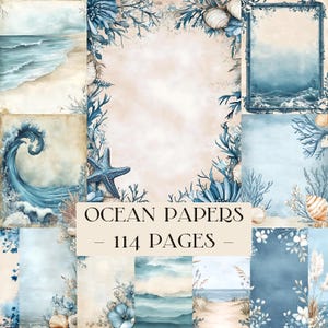 May include: A collection of watercolor ocean-themed papers. The papers feature illustrations of waves, seashells, and starfish in shades of blue and beige. The text "OCEAN PAPERS - 114 PAGES" is displayed in the center.