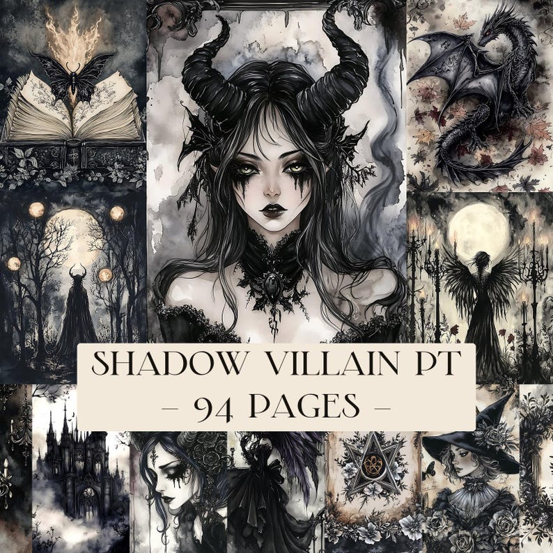 Puede incluir: Una colecci&oacute;n de ilustraciones g&oacute;ticas en tonos negros, grises y blancos. Las im&aacute;genes presentan personajes de fantas&iacute;a, dragones y escenas oscuras y m&iacute;sticas. El texto en la imagen dice "SHADOW VILLAIN PT - 94 P&Aacute;GINAS".