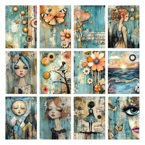 May include: A collection of twelve vertical art prints featuring whimsical illustrations. Each print showcases a unique design with a teal and beige color palette, depicting elements like butterflies, flowers, and stylized figures. The artwork has a textured, vintage aesthetic.