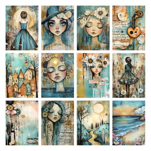 Vintage Whimsical Girls Junk Journal Kit, Colorful Pages, Printable Ephemera Mixed Media Collage Cottagecore Digital Papers Scrapbook Papers image 2