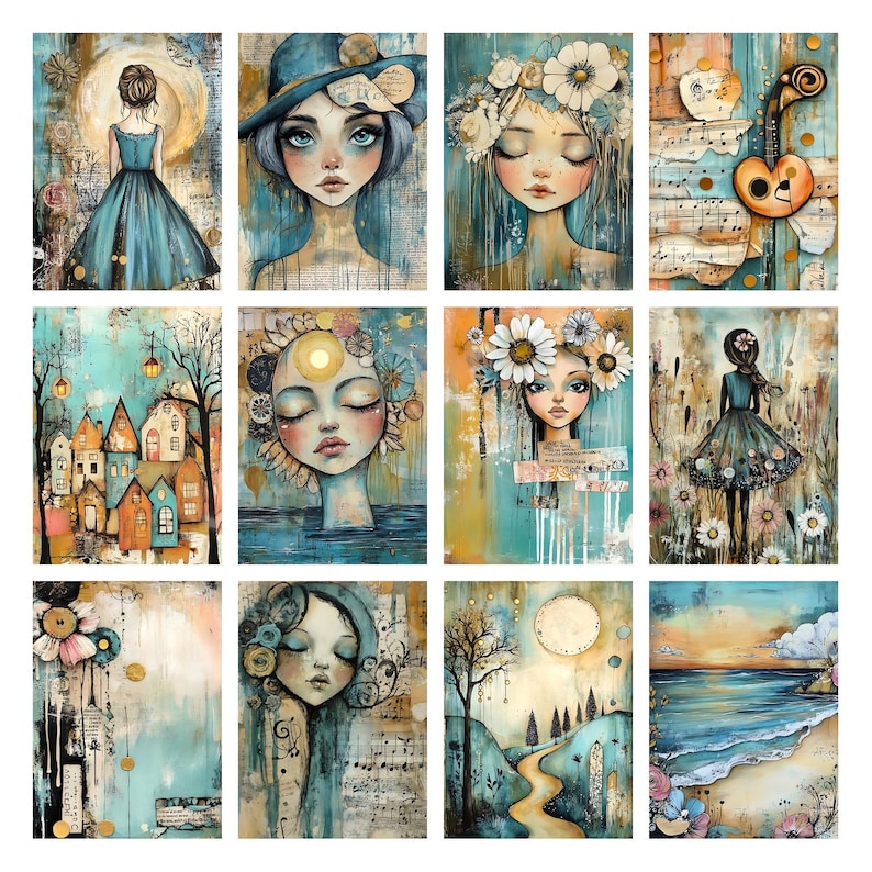 Vintage Whimsical Girls Junk Journal Kit, Colorful Pages, Printable Ephemera Mixed Media Collage Cottagecore Digital Papers Scrapbook Papers image 2
