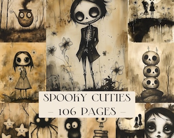 Spooky Cuties ongewenste dagboekpagina's, afdrukbaar spookachtig gotisch, digitale plakboekkit, vintage ephemera, pompoencollageblad, grimoire